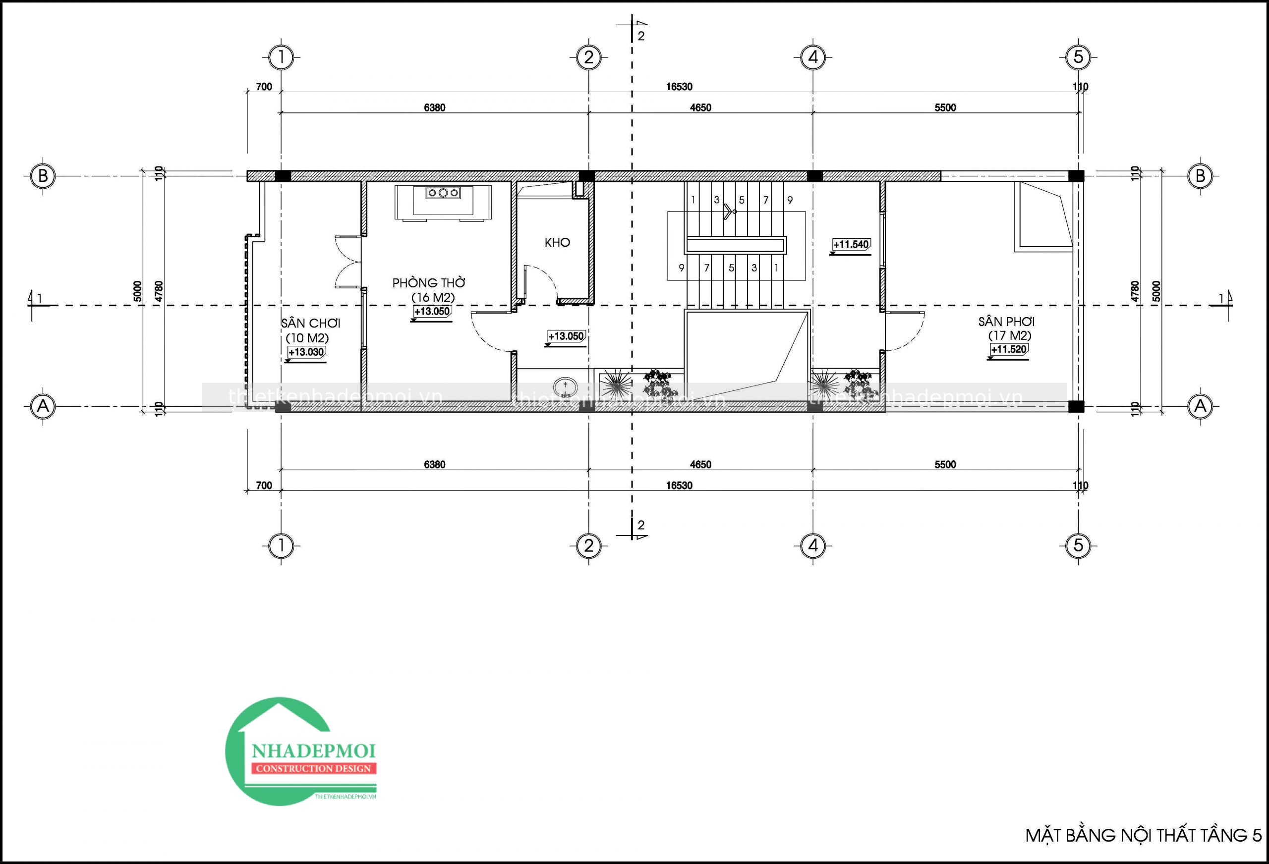 Mẫu nhà phố 1 trệt 3 lầu 1 sân thượng mặt tiền 5m