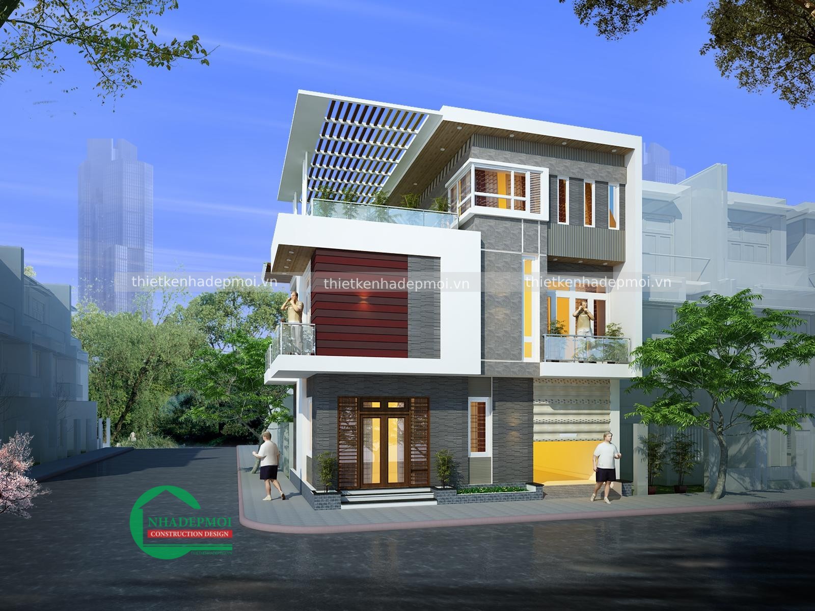 Mẫu nhà phố 2 mặt tiền mái bằng hiện đại anh đức - msnp2020