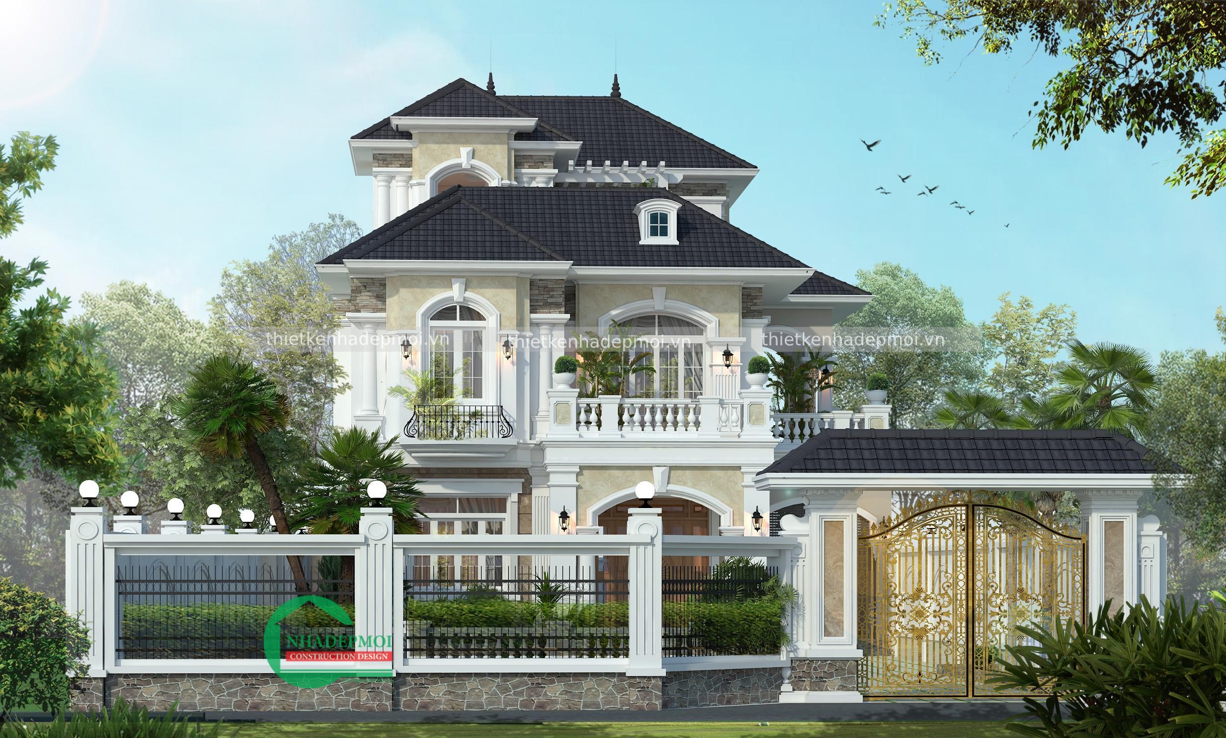 Biệt thự sân vườn đẹp 1 trệt 2 lầu kiểu châu âu