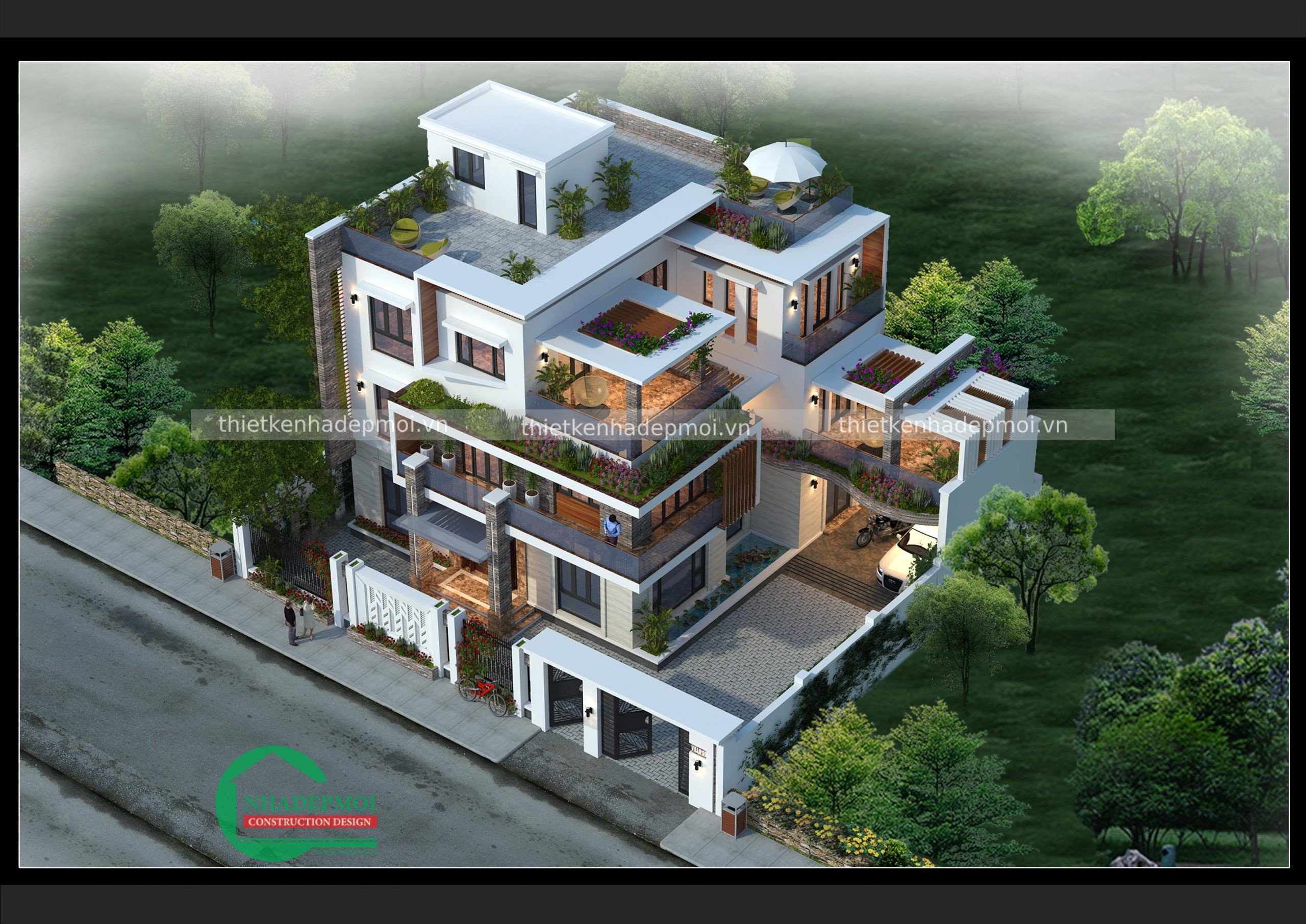 Biệt thự hiện đại 1 trệt 2 lầu có nhiều cây xanh chị hà