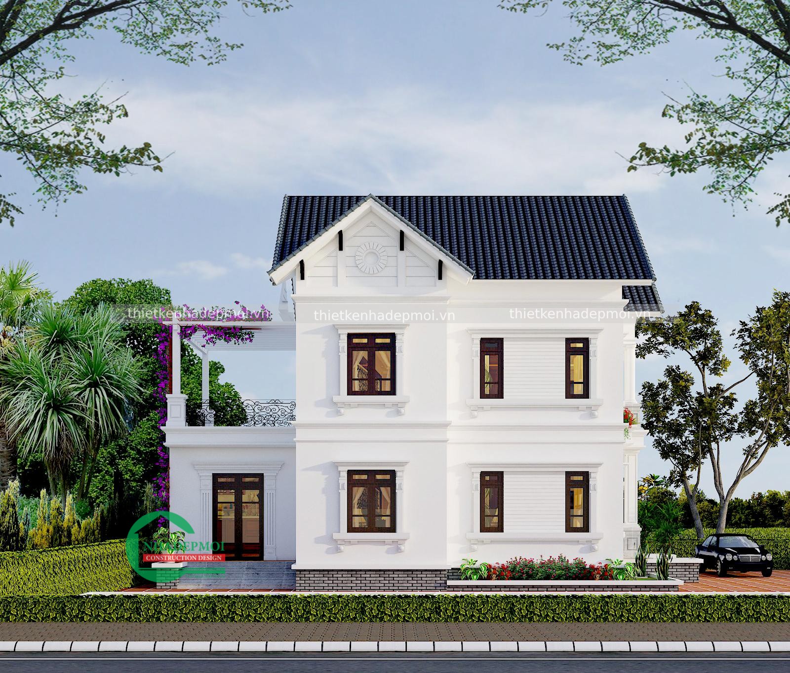 Mẫu biệt thự mặt tiền mái thái có 4 phòng ngủ