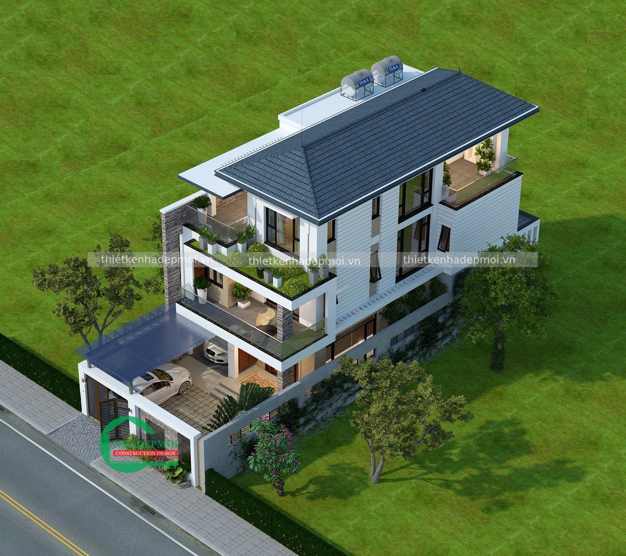 Mẫu biệt thự mini 1 trệt 2 lầu mặt tiền 9m anh hải - msbthd2020