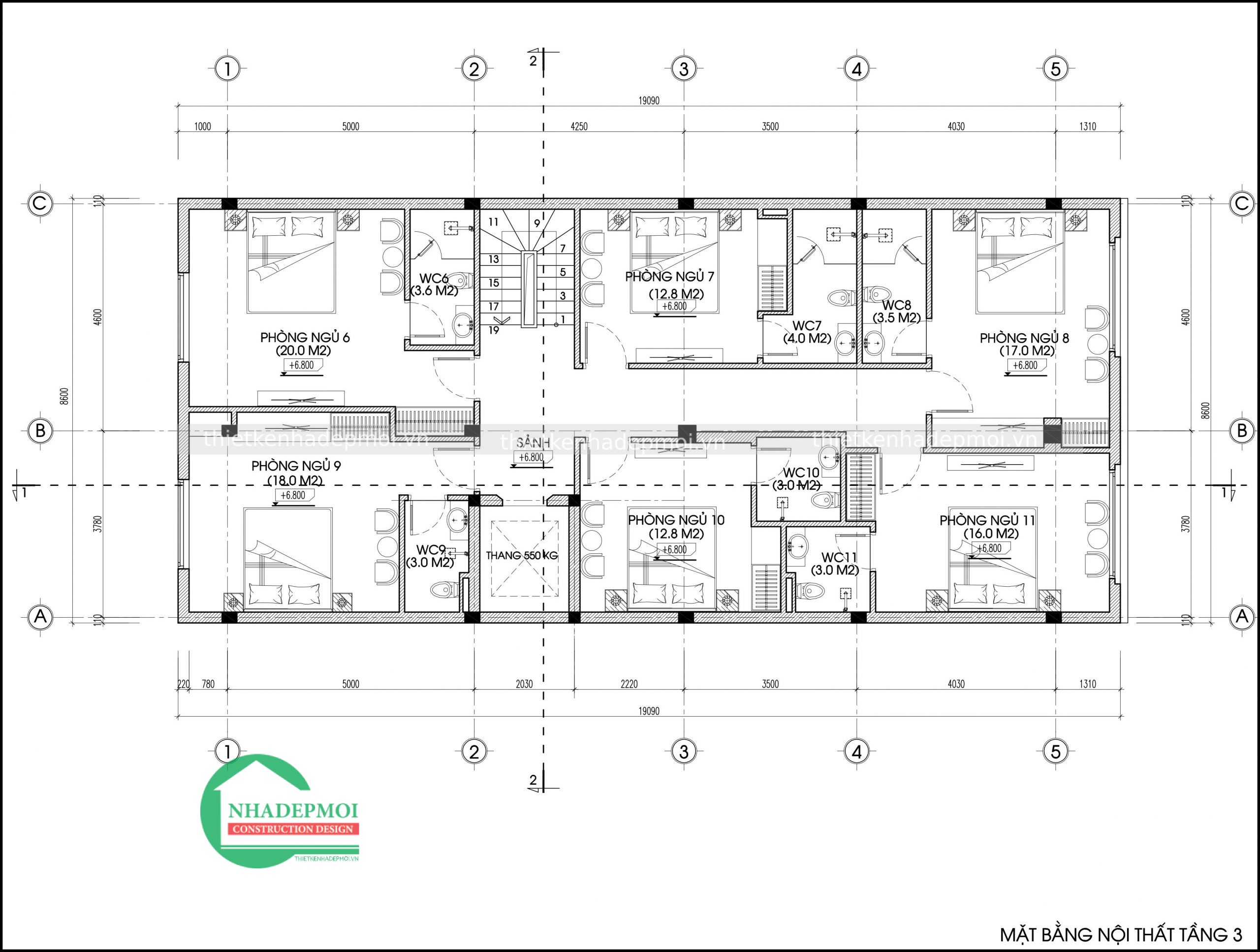 Mẫu khách sạn mini 1 trệt 4 lầu 1 sân thượng mặt tiền 9m