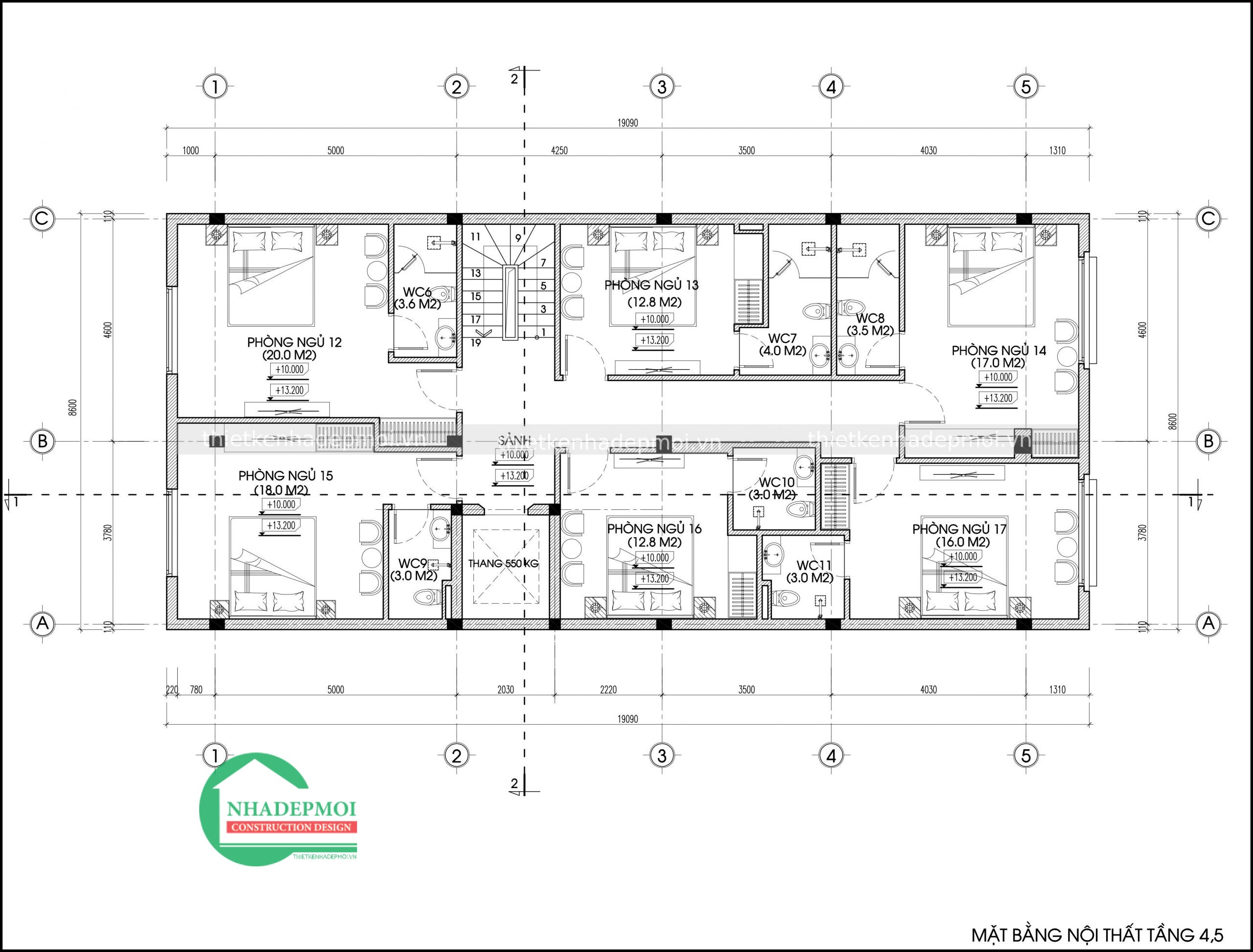 Mẫu khách sạn mini 1 trệt 4 lầu 1 sân thượng mặt tiền 9m