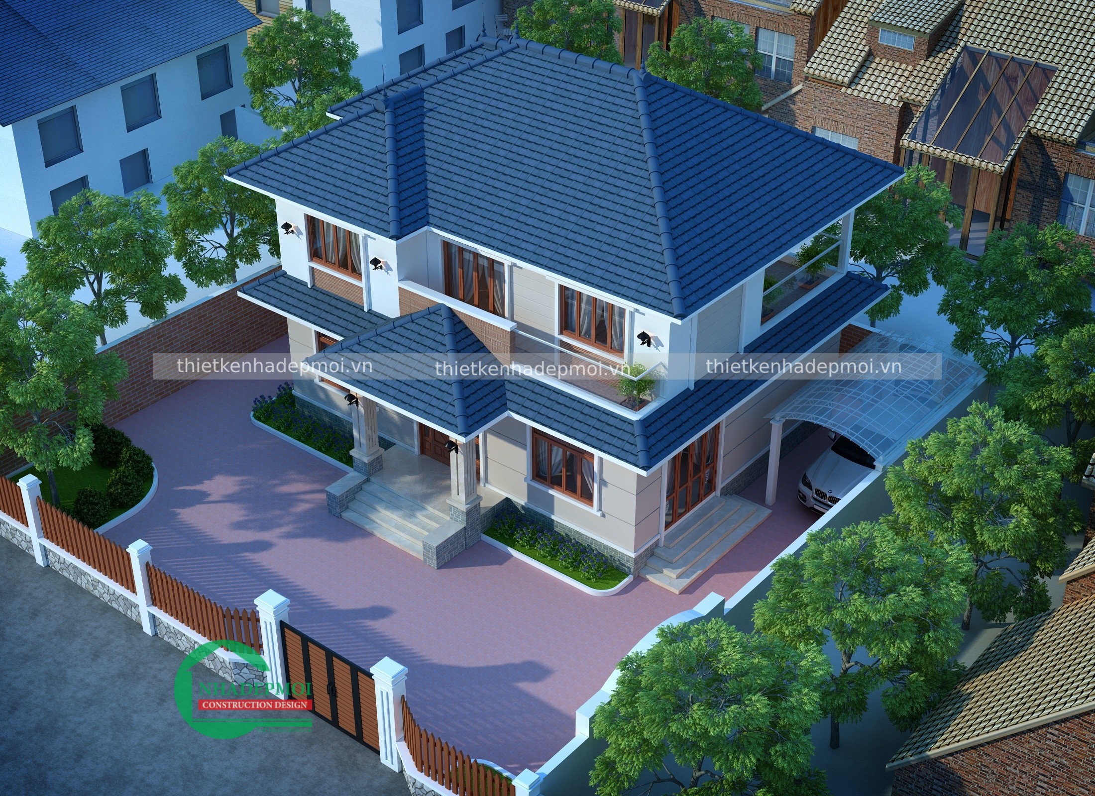 Mẫu biệt thự mái thái 1 trệt 1 lầu 4 phòng