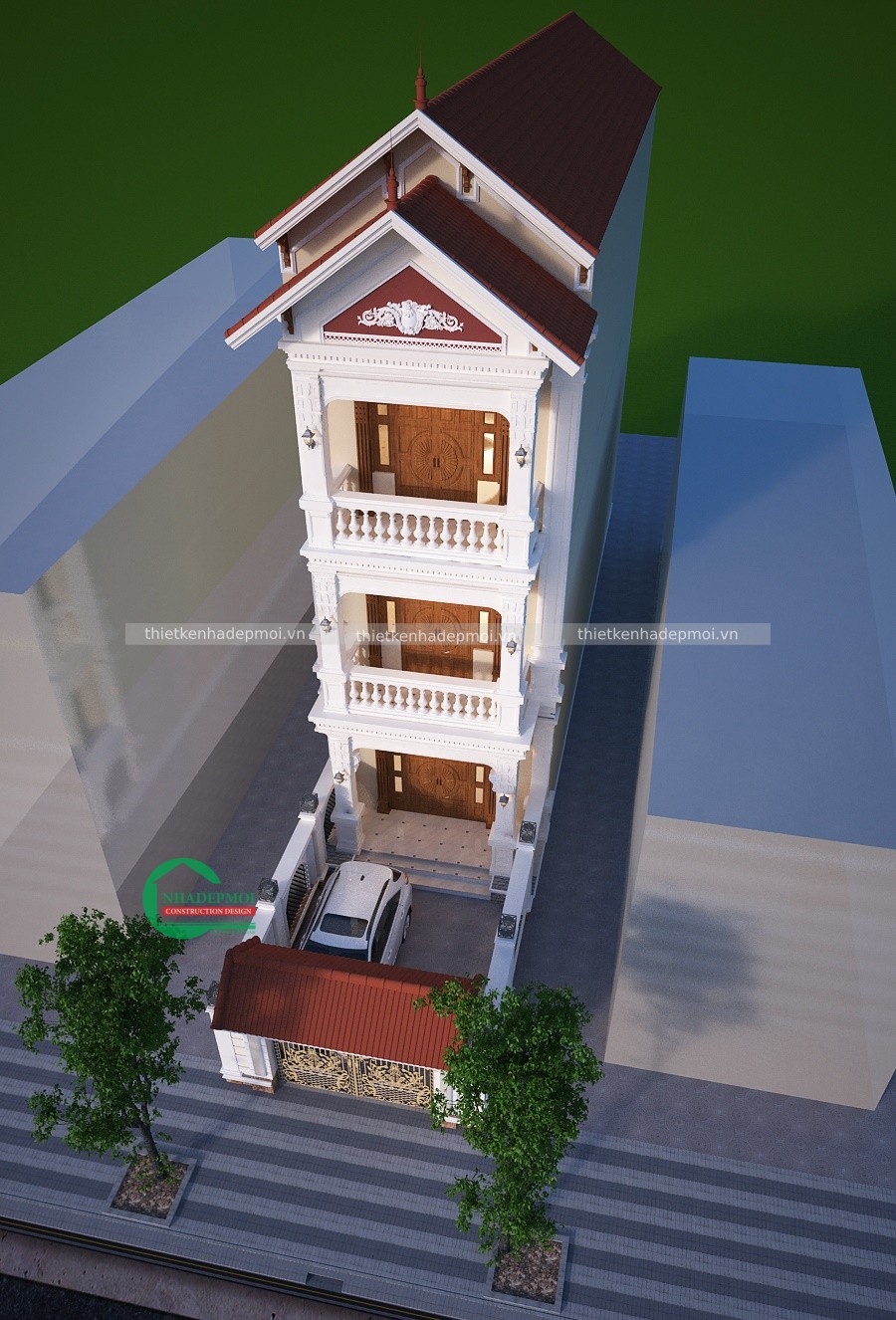 Mẫu nhà 1 trệt 2 lầu 5x18 mái thái đẹp có gara tân cổ điển anh bằng - msnp2021