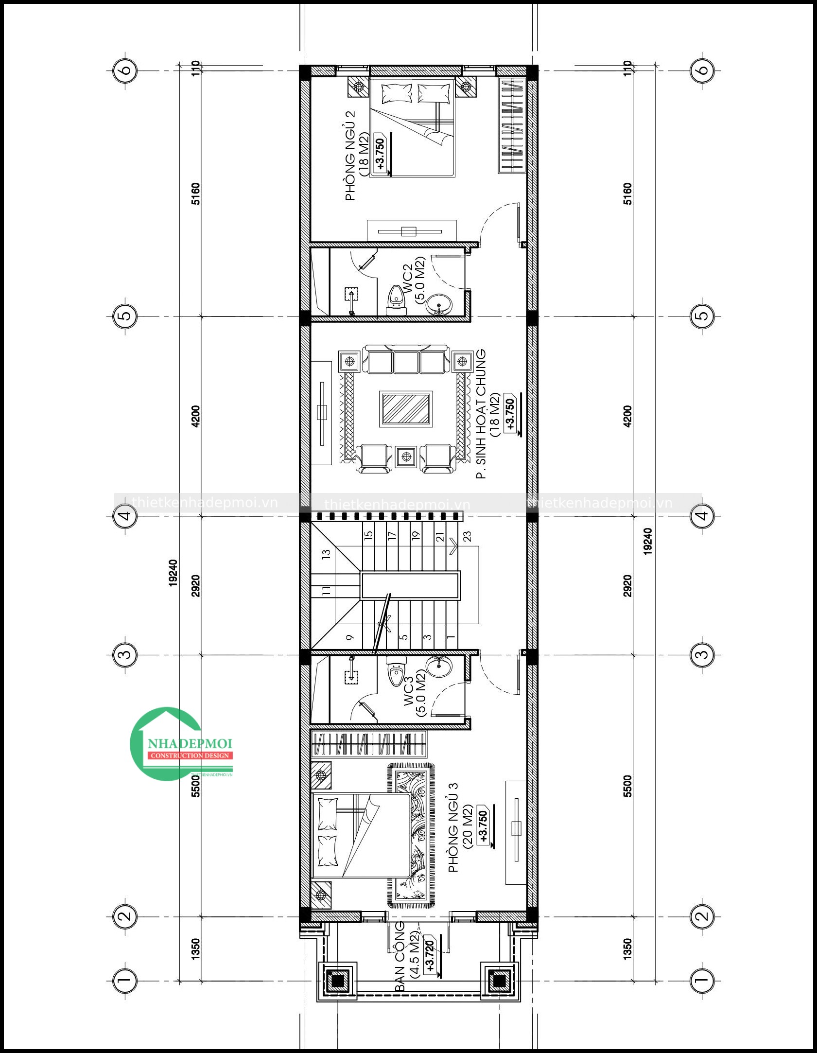 Mẫu nhà 1 trệt 2 lầu 5x18 mái thái đẹp có gara tân cổ điển anh bằng - msnp2021