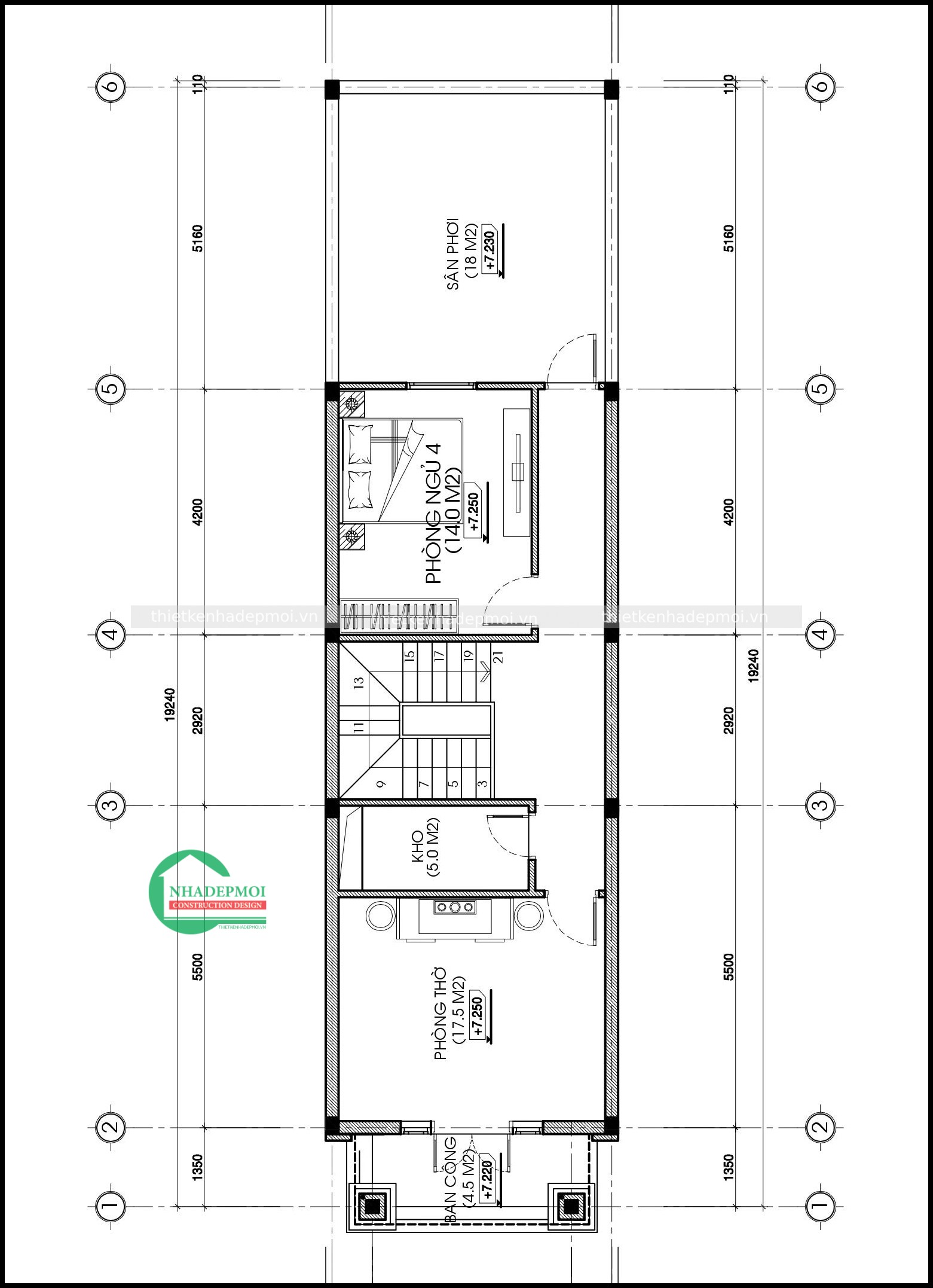 Mẫu nhà 1 trệt 2 lầu 5x18 mái thái đẹp có gara tân cổ điển anh bằng - msnp2021