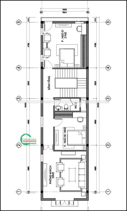 Bản vẽ nhà 5x20 mái thái đẹp 1 trệt 2 lầu 5x18 anh phương - msnp2063