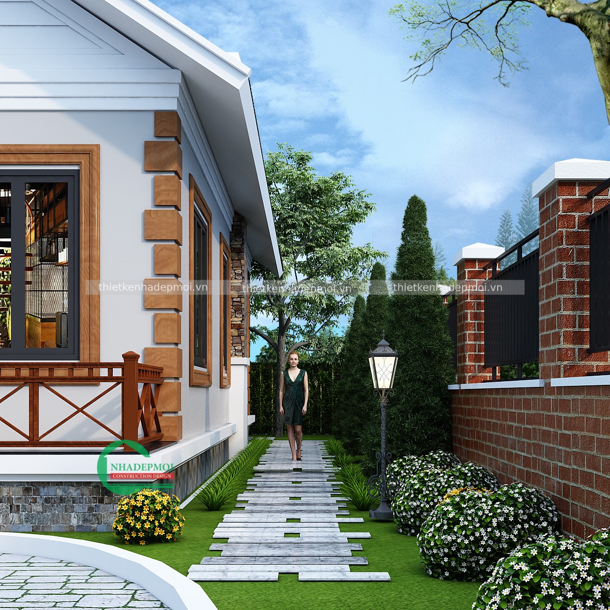 Mẫu nhà cấp 4 2 phòng ngủ mái thái đẹp anh tuấn có sân vườn - msnc42021