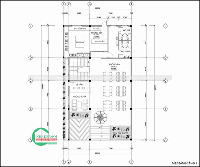 Mẫu nhà hàng 2 tầng đẹp mặt tiền 12m anh hoàng - mstknh2020