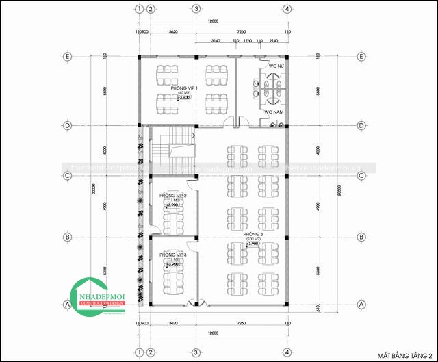 Mẫu nhà hàng 2 tầng đẹp mặt tiền 12m anh hoàng - mstknh2020