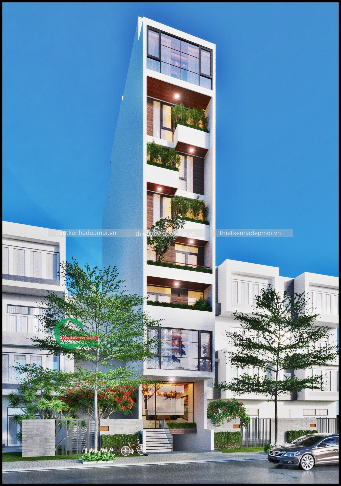 Mẫu nhà phố mặt tiền 5m có tầng hầm kinh doanh văn phòng