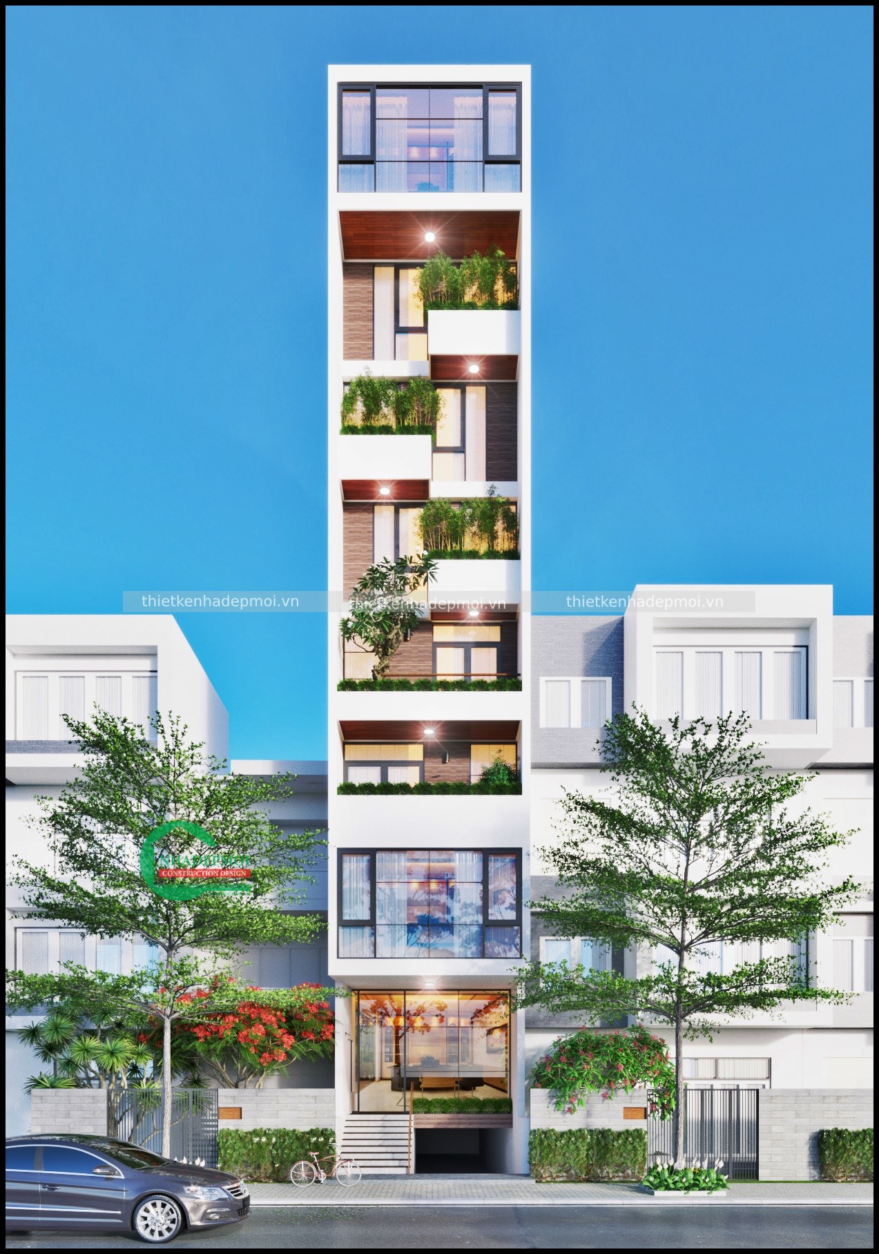 Mẫu nhà phố mặt tiền 5m có tầng hầm kinh doanh văn phòng