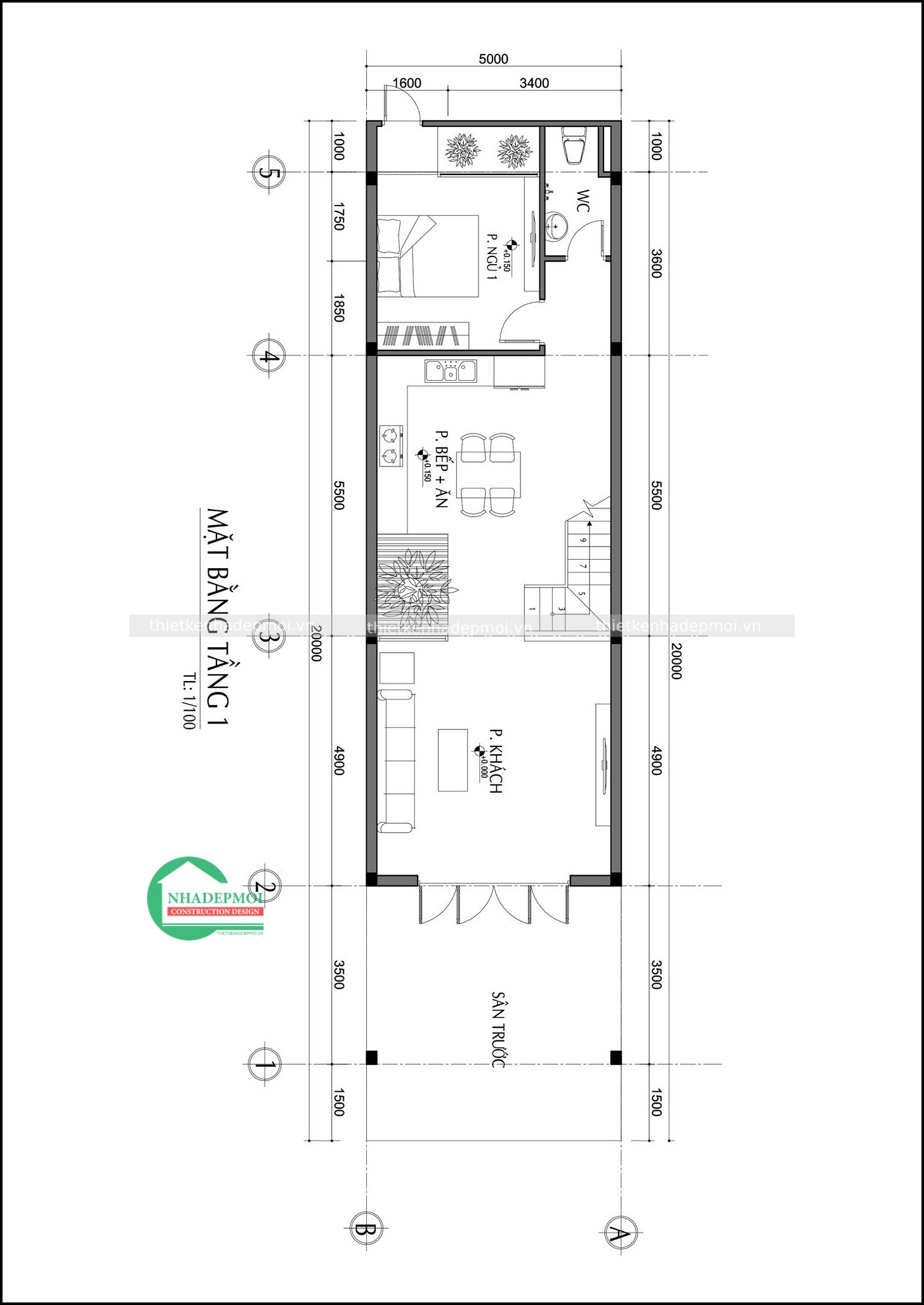 Mẫu nhà đẹp 2 tầng 1 tum 5x20 có sân thượng hiện đại anh danh