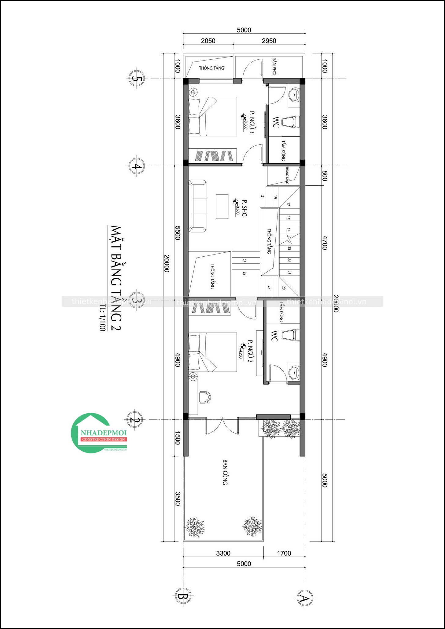 Mẫu nhà đẹp 2 tầng 1 tum 5x20 có sân thượng hiện đại anh danh