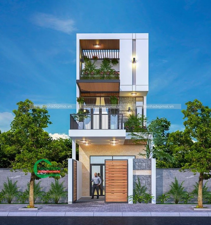 Mẫu nhà đẹp 2 tầng 1 tum 5x20 có sân thượng hiện đại anh danh