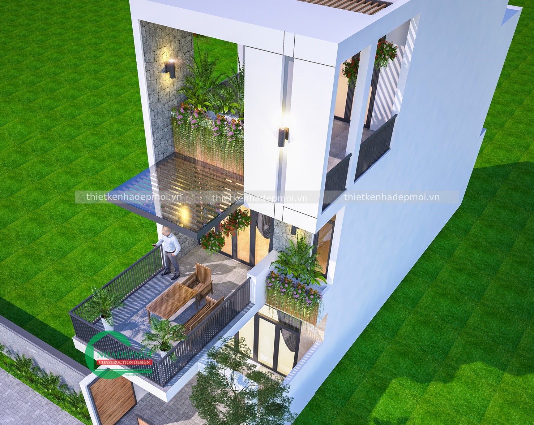 Mẫu nhà đẹp 2 tầng 1 tum 5x20 có sân thượng hiện đại anh danh