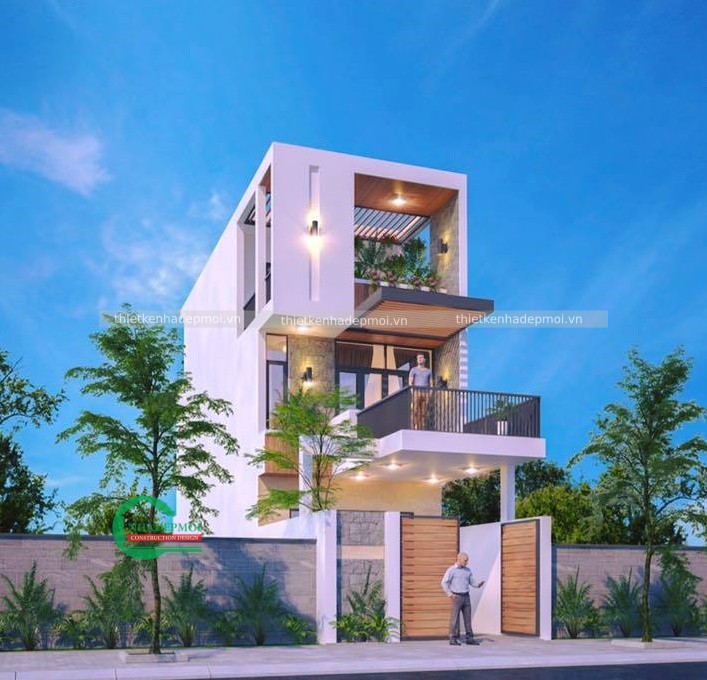Mẫu nhà đẹp 2 tầng 1 tum 5x20 có sân thượng hiện đại anh danh