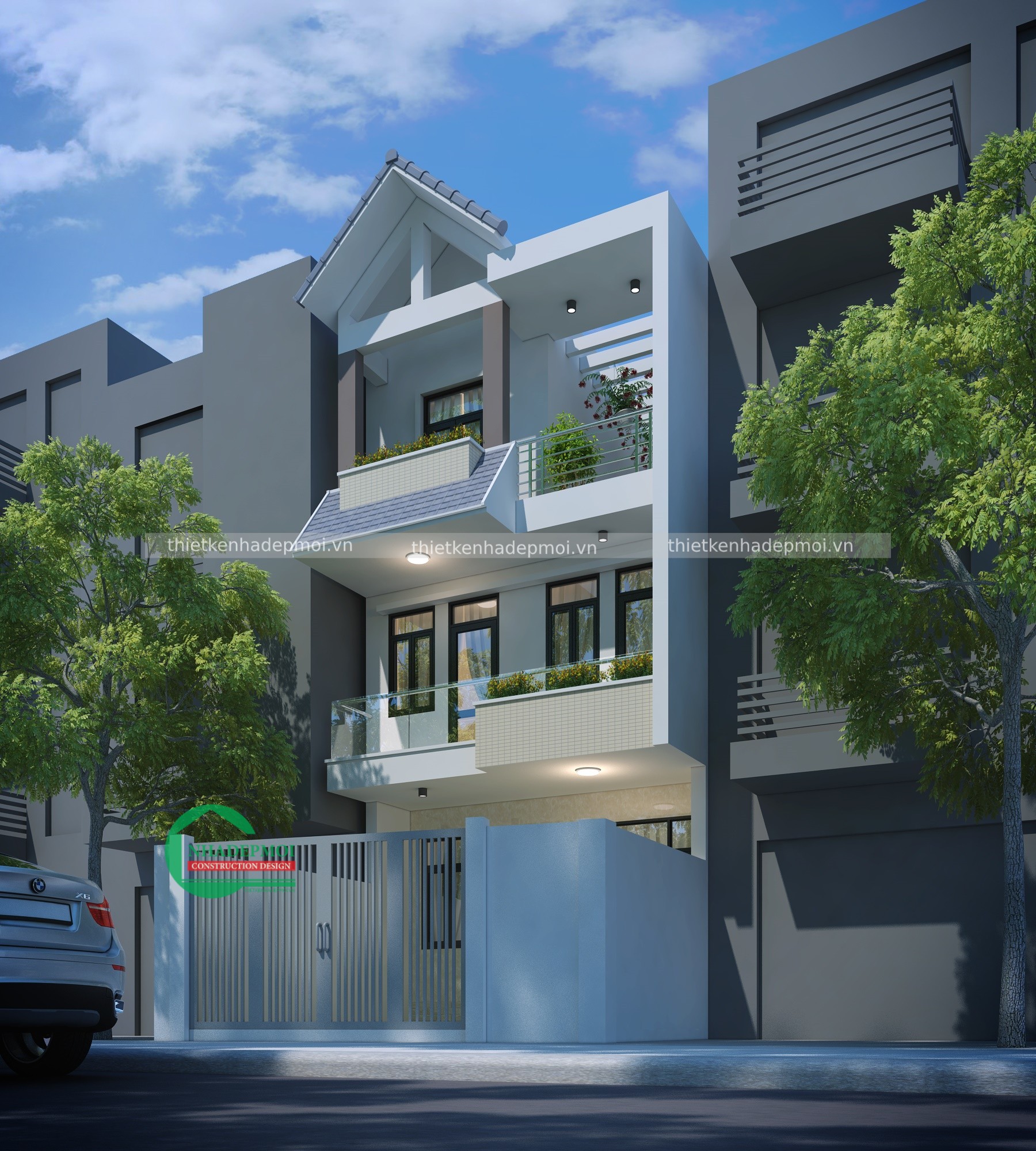 Mẫu nhà mặt tiền 6m có gara 1 trệt 2 lầu sân thượng chị nguyệt - msnpmt6m