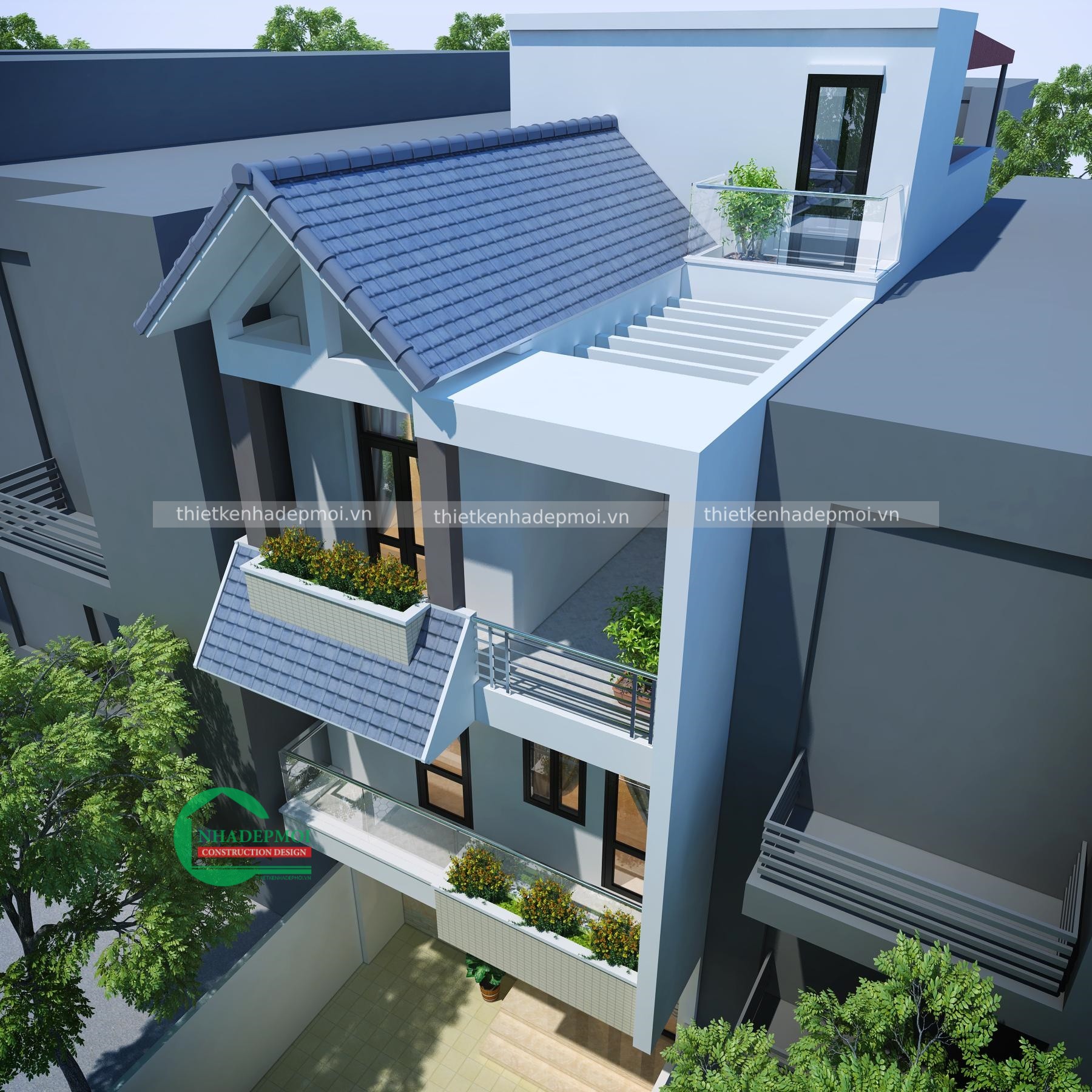 Mẫu nhà mặt tiền 6m có gara 1 trệt 2 lầu sân thượng chị nguyệt - msnpmt6m