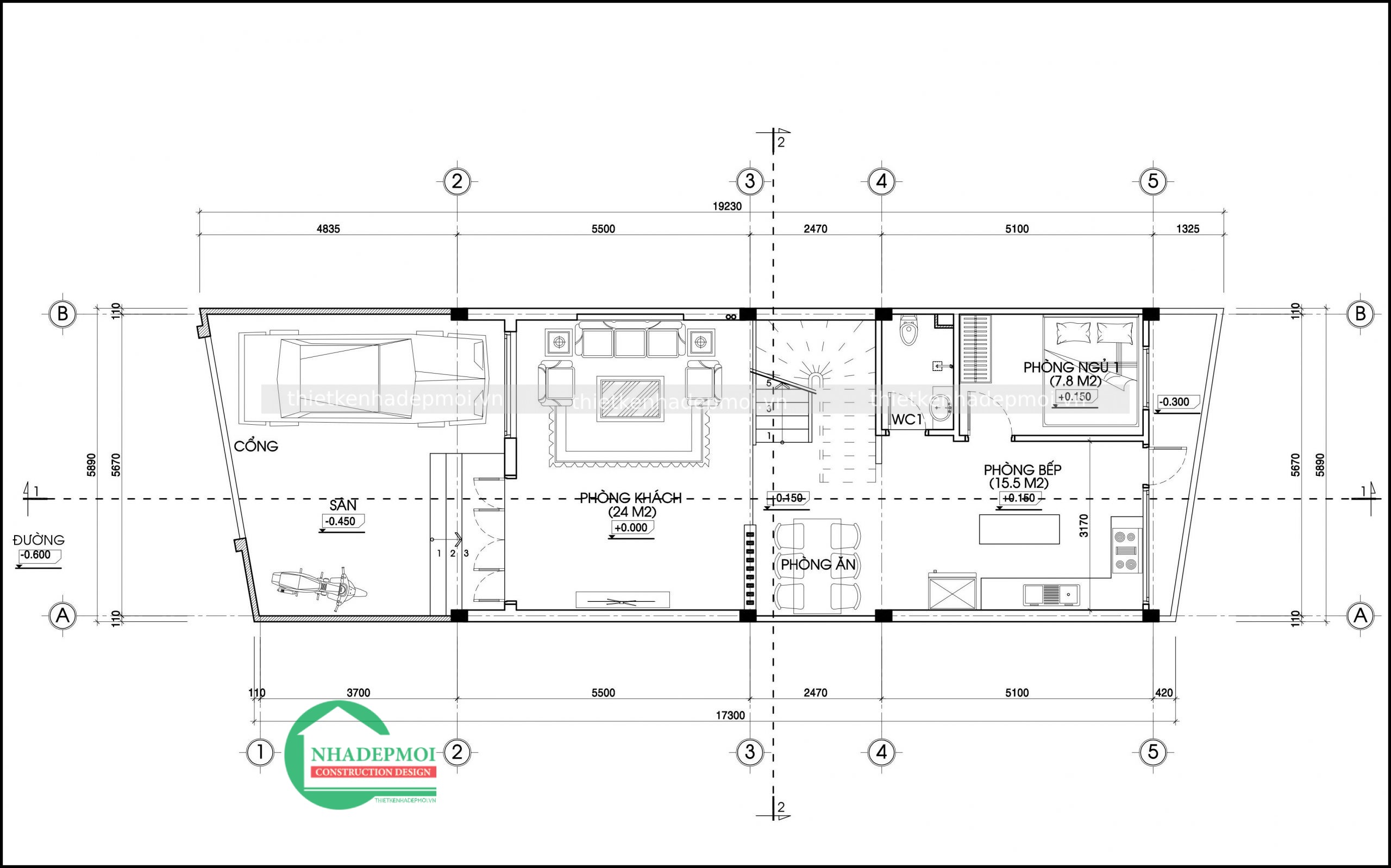 Mẫu nhà mặt tiền 6m có gara 1 trệt 2 lầu sân thượng chị nguyệt - msnpmt6m