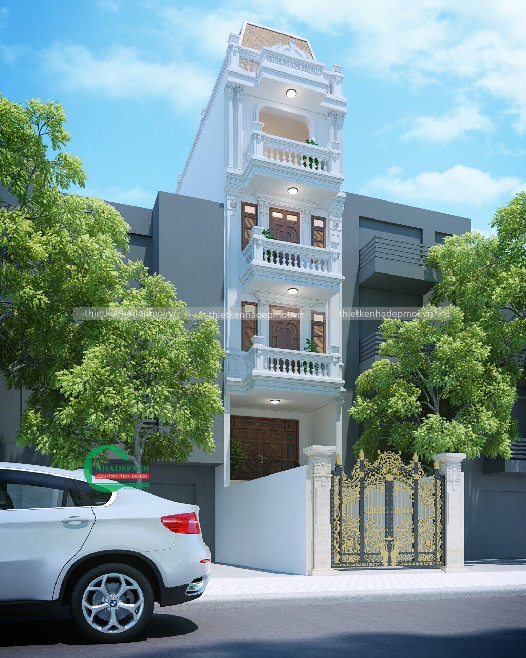 Mặt tiền thiết kế nhà phố bán cổ điển 4 tầng 4.5m đẹp anh ngân - npbcd2020