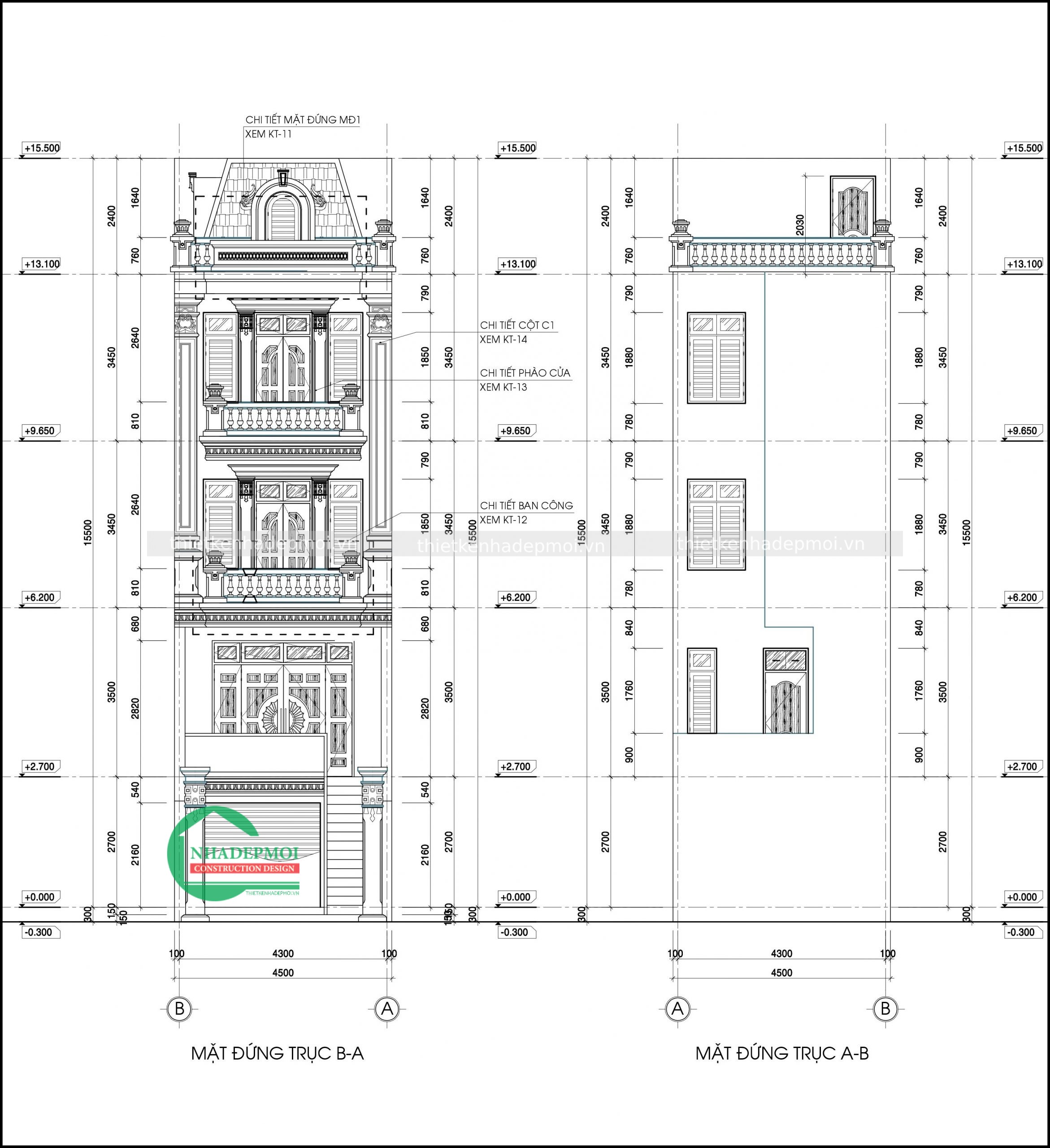 Mặt tiền thiết kế nhà phố bán cổ điển 4 tầng 4.5m đẹp anh ngân - npbcd2020