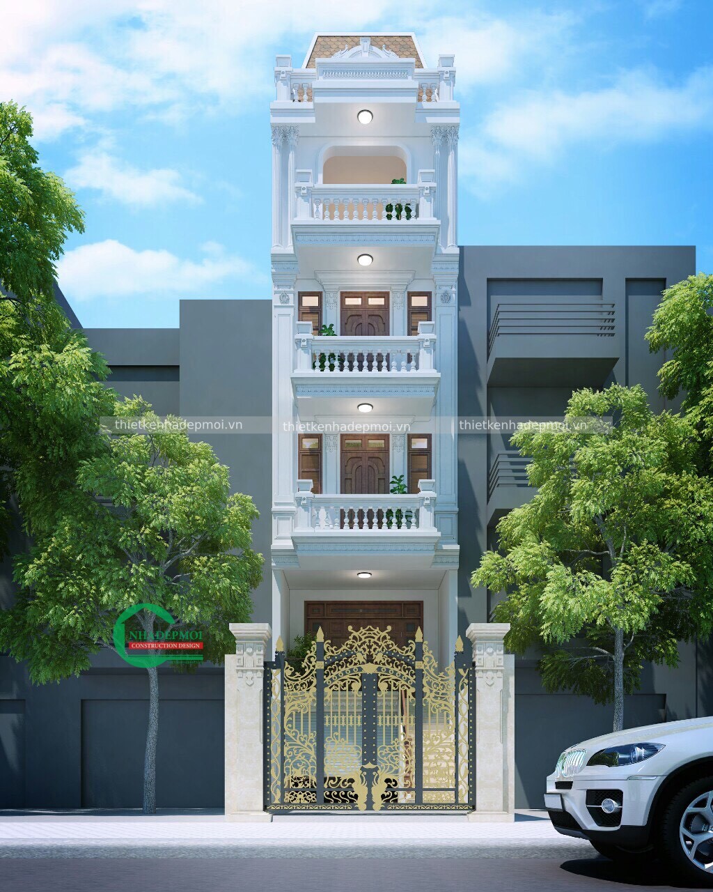 Mặt tiền thiết kế nhà phố bán cổ điển 4 tầng 4.5m đẹp anh ngân - npbcd2020