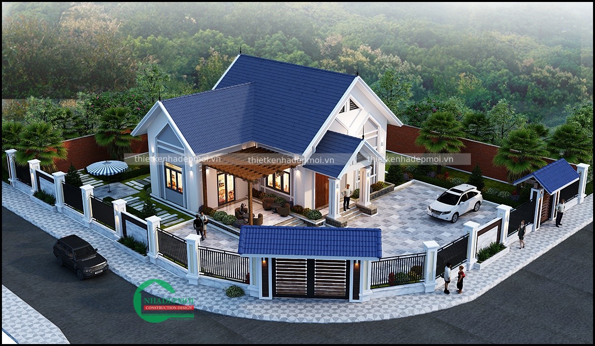 Bản vẽ nhà trệt 2 mặt tiền mái thái đẹp sân vườn anh hùng - msnt2mt2020