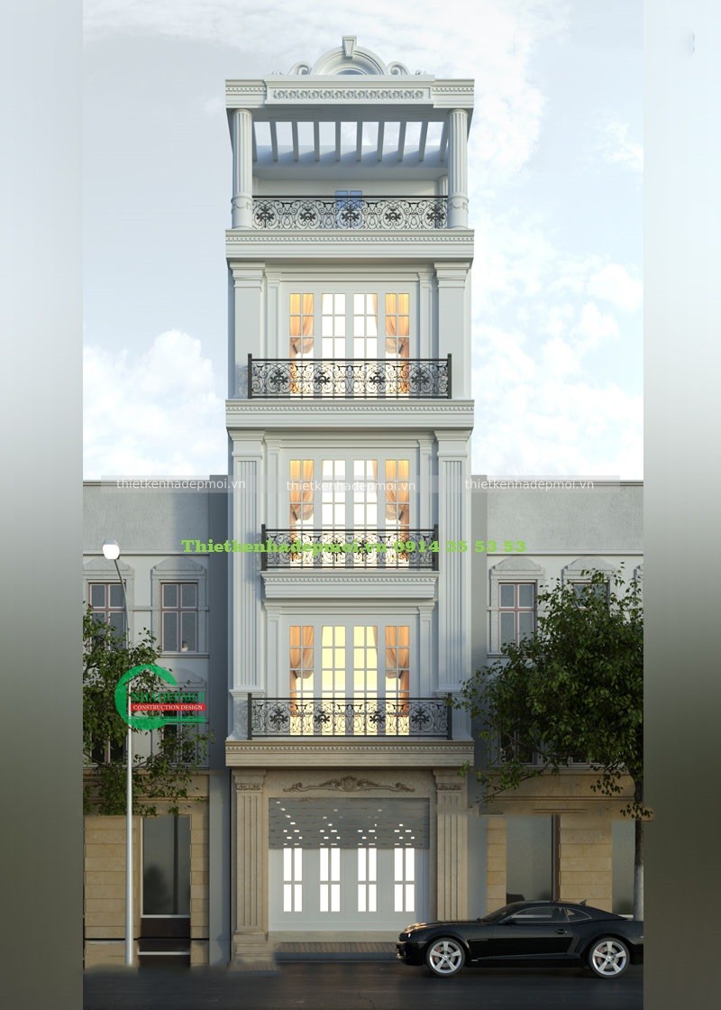 Thiết kế nhà phố tân cổ điển 1 trệt 3 lầu, sân thượng