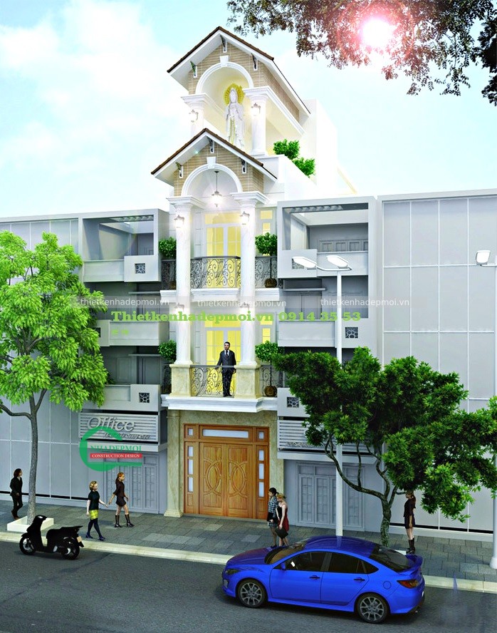 Mẫu thiết kế nhà phố tân cổ điển mặt tiền 5m 1 trệt, 2 lầu, sân thượng.