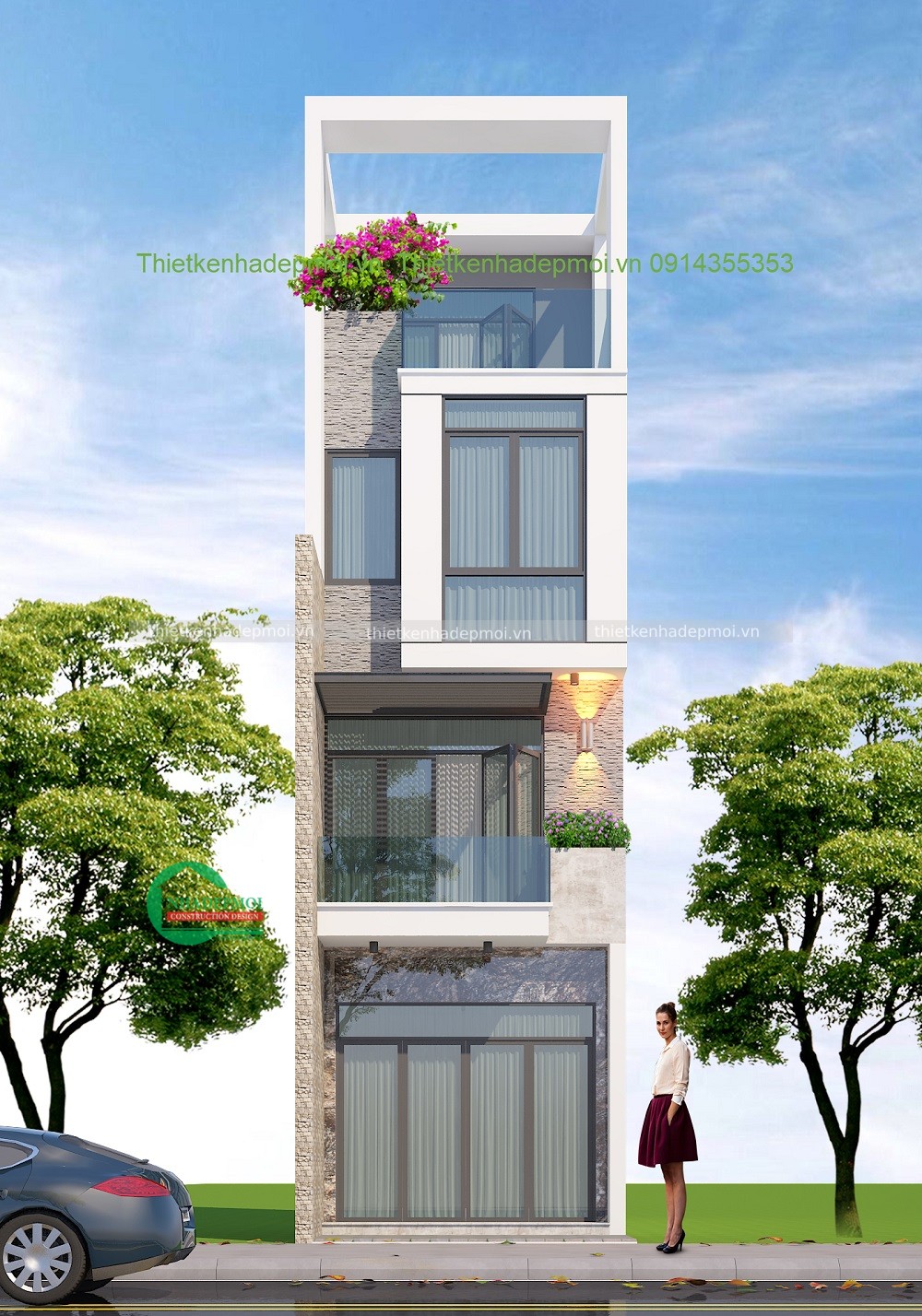 Mẫu nhà phố 1 trệt 2 lầu sân thượng hiện đại