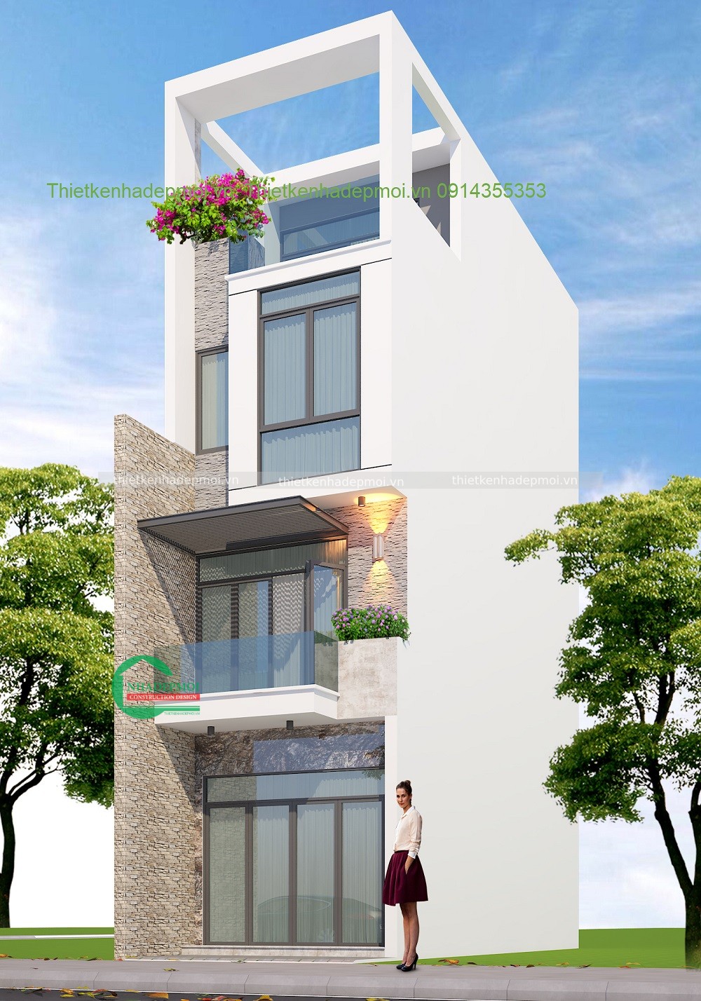 Mẫu nhà phố 1 trệt 2 lầu sân thượng hiện đại
