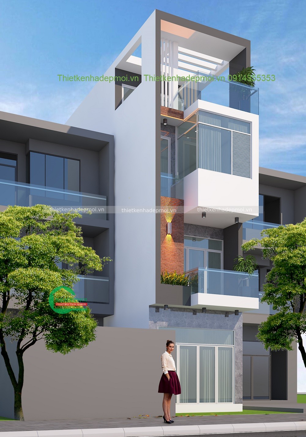 Thiết kế nhà phố 1 trệt 2 lầu sân thượng