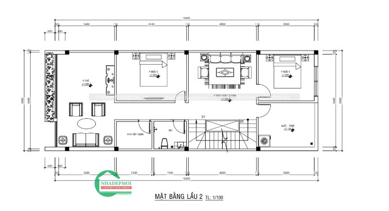 Thiết kế nhà phố 1 trệt 2 lầu phong cách hiện đại
