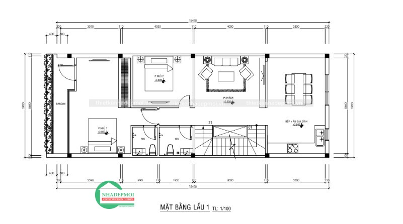 Thiết kế nhà phố 1 trệt 2 lầu phong cách hiện đại