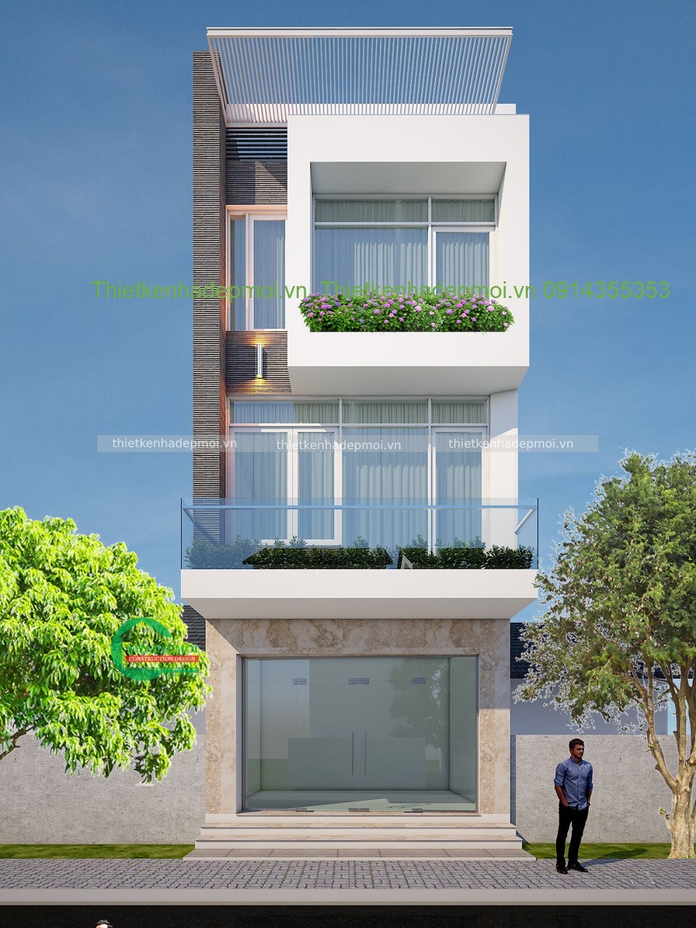 Mẫu nhà phố đẹp 3 tầng mái bằng bê tông 