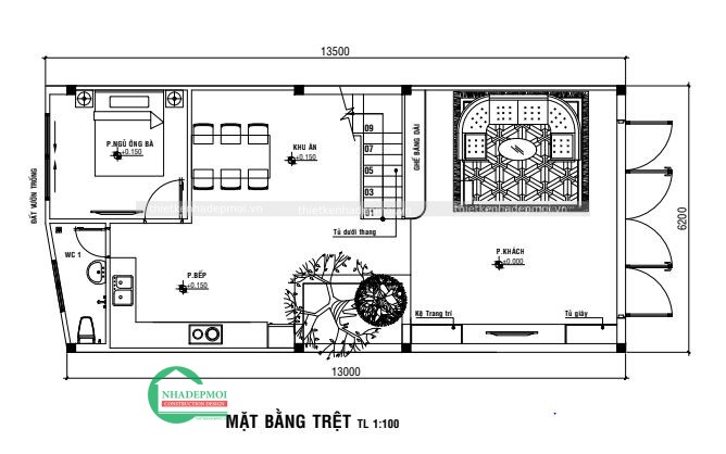 Mẫu nhà đẹp 1 trệt 2 lầu mái ngói