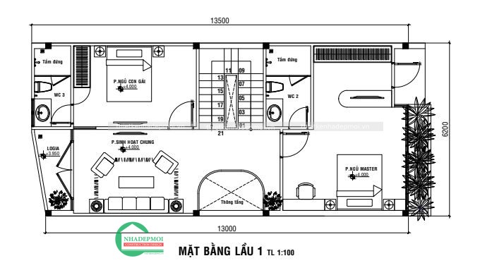 Mẫu nhà đẹp 1 trệt 2 lầu mái ngói