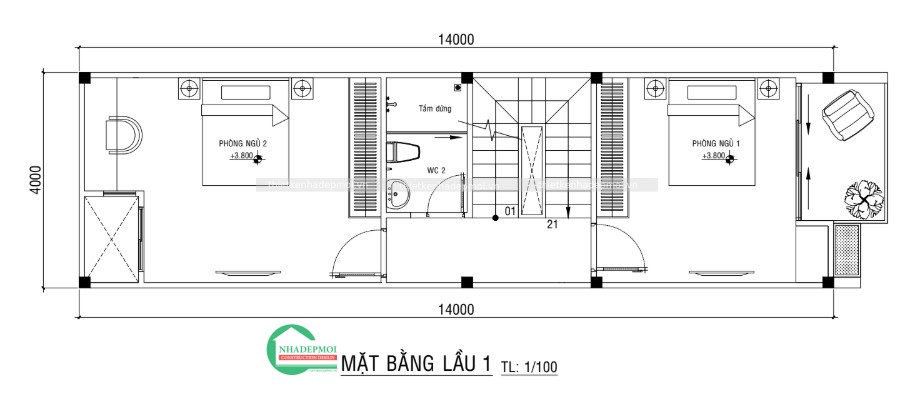Thiết kế nhà phố 1 trệt 2 lầu sân thượng