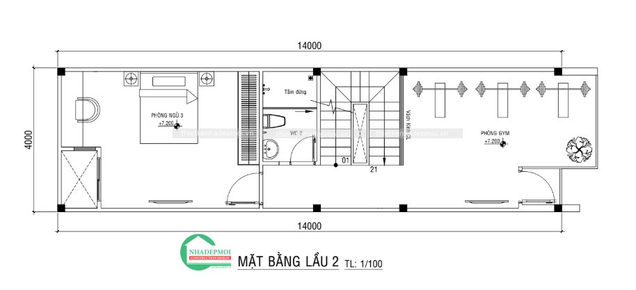 Thiết kế nhà phố 1 trệt 2 lầu sân thượng