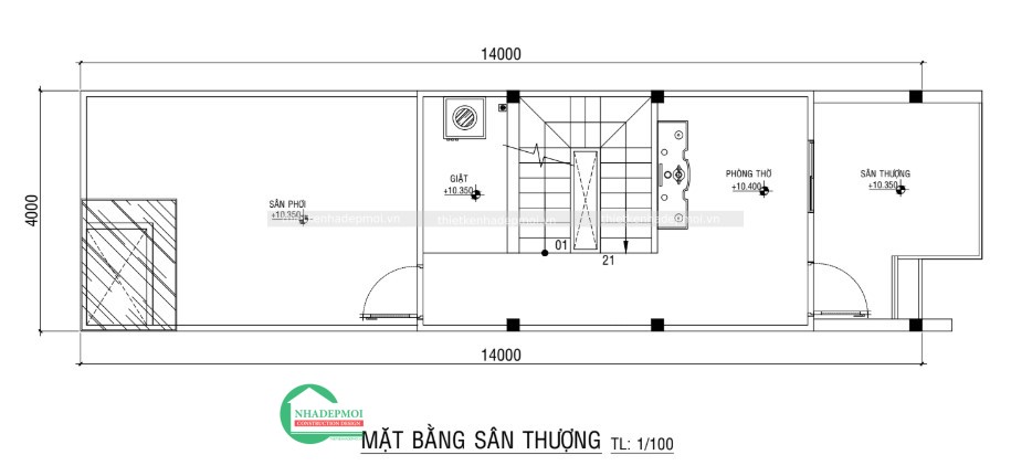 Thiết kế nhà phố 1 trệt 2 lầu sân thượng