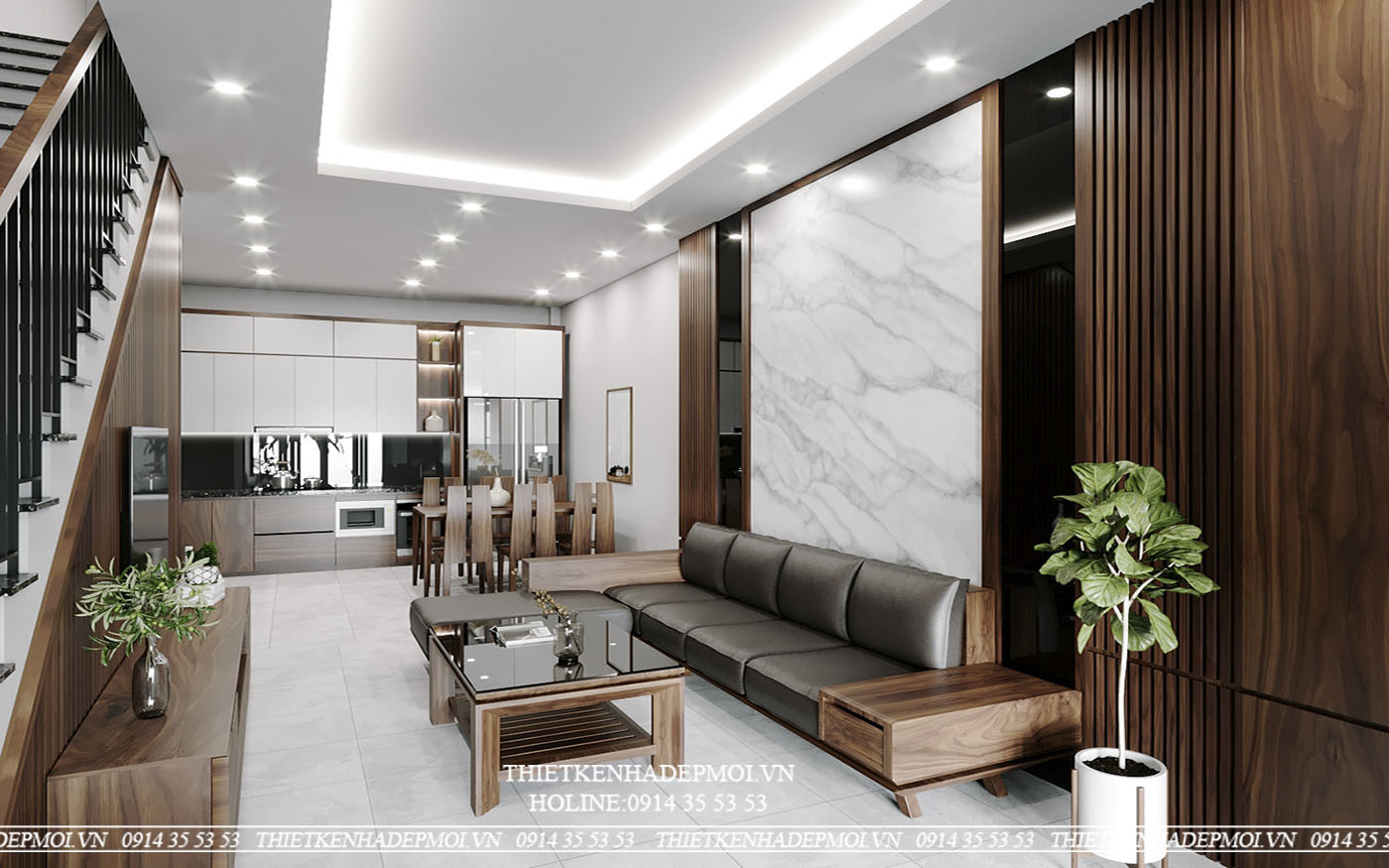 Nhà phố 3 tầng thu hút với nội thất gỗ sang trọng