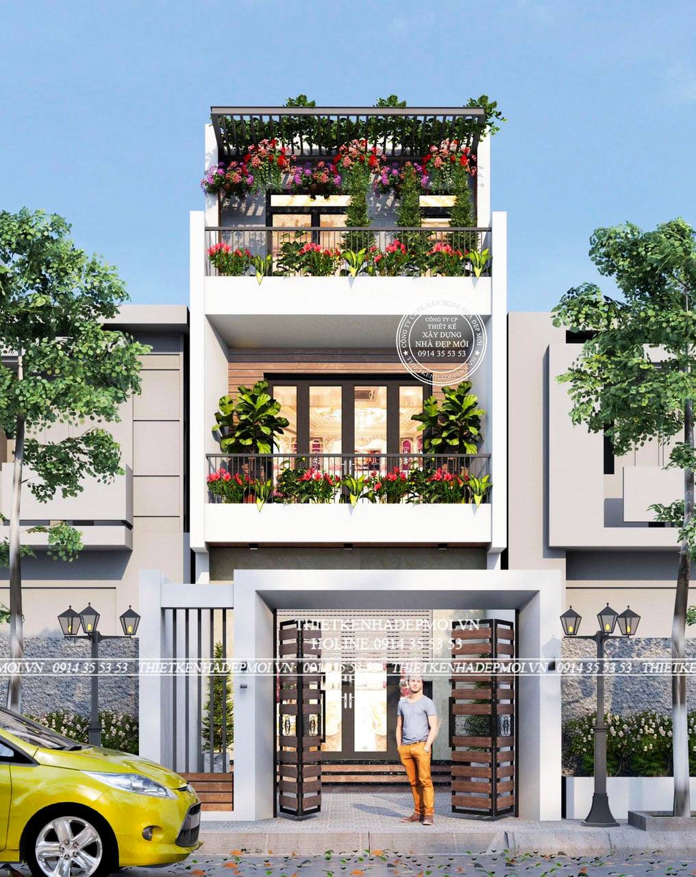 Nhà phố hiện đại ban công trồng cây xanh
