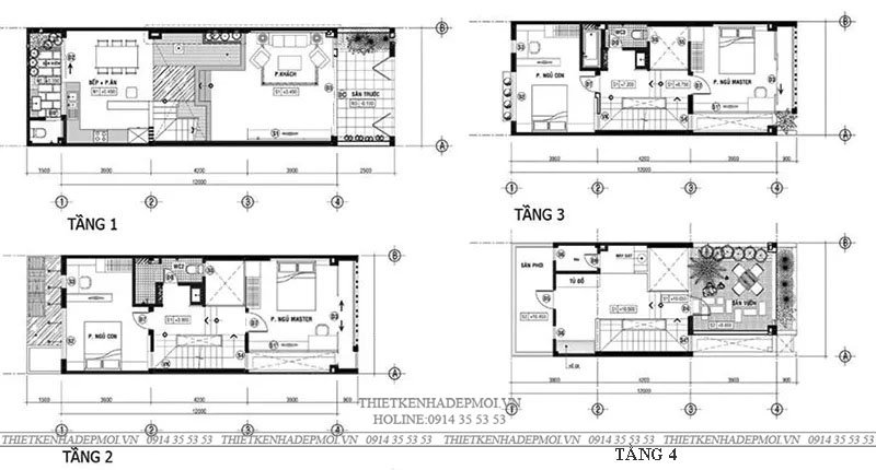 mặt bằng nhà phố 4 tầng