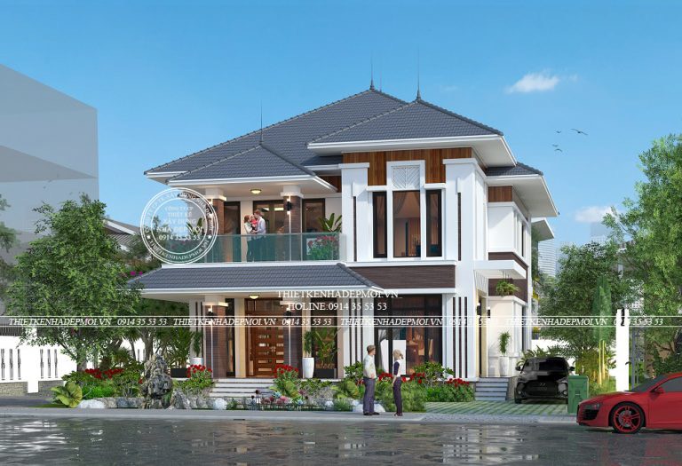 Thiết kế biệt thự mái Nhật ốp gỗ hiện đại