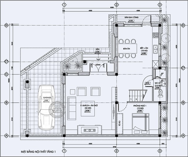 Bản vẽ thiết kế tầng 1 biệt thự hiện đại 2 mặt tiền chị Linh – Cần Giờ