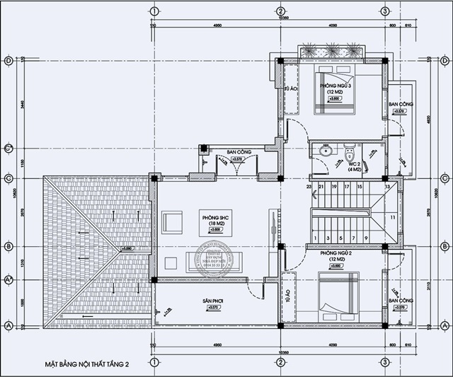 Bản vẽ thiết kế tầng 2 biệt thự hiện đại 2 mặt tiền chị Linh –Cần Giờ