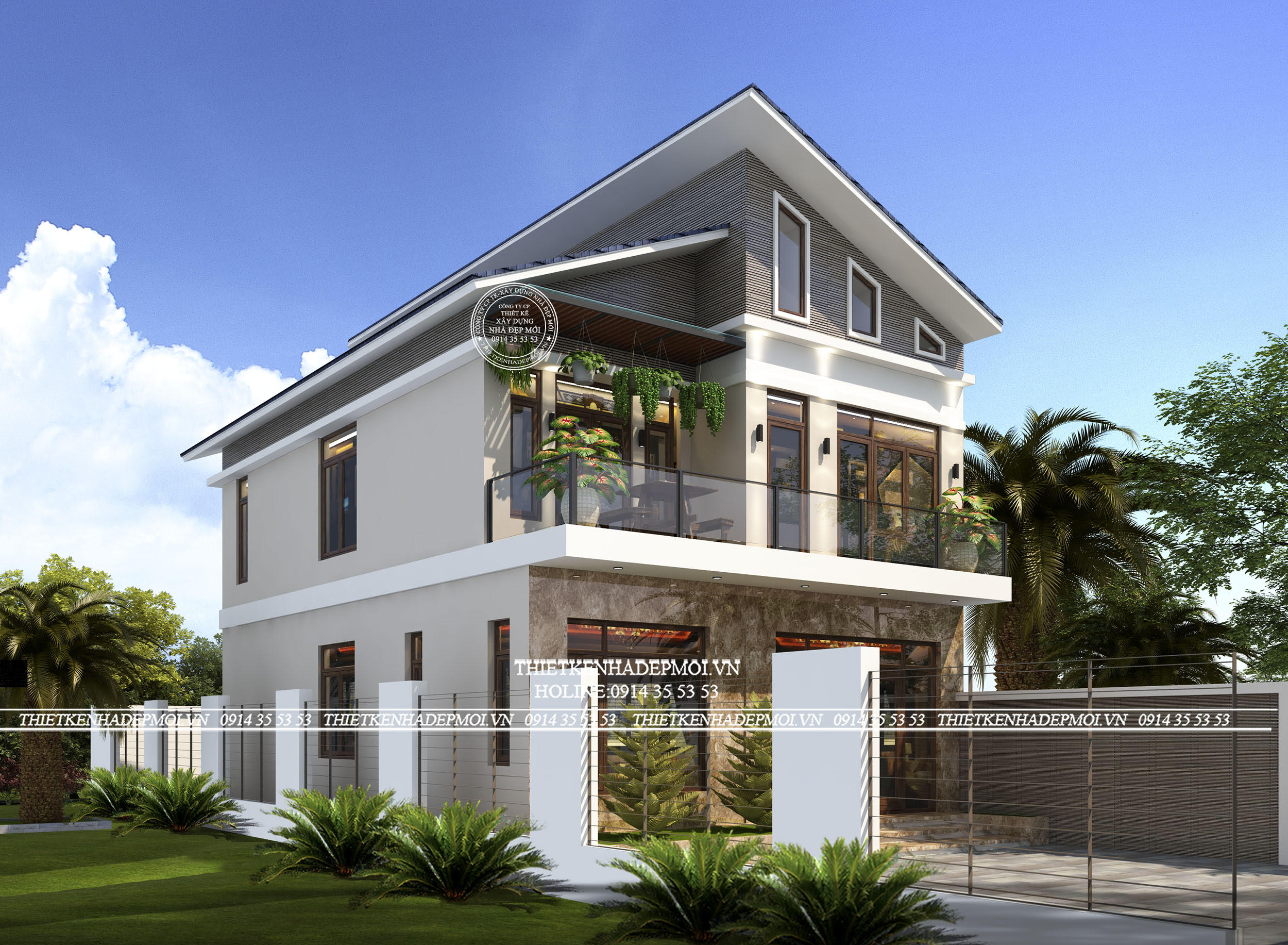 Mẫu biệt thự hiện đại 2 tầng thiết kê mái lệch của anh hùng